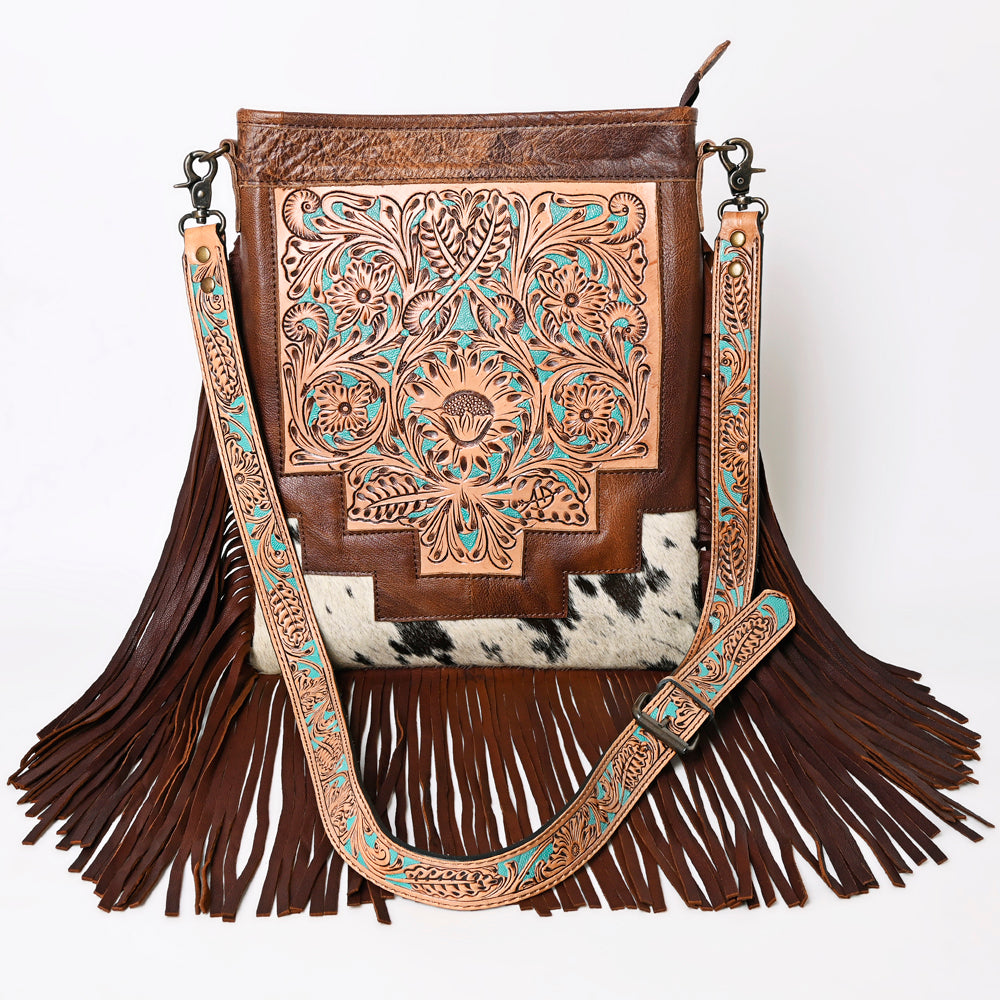 ADBG256 Tooled Leather & Cowhide Fringe Messenger Bag Western Boho Messenger by American Darling