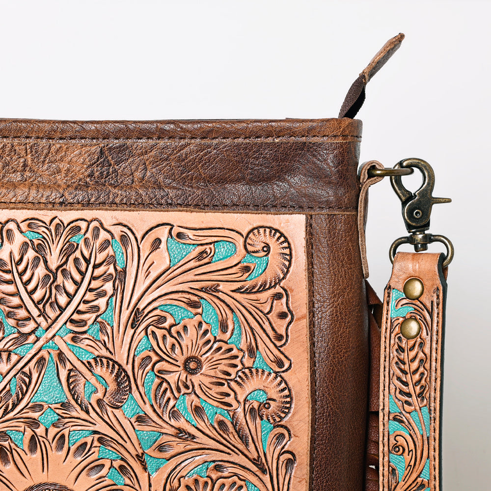 ADBG256 Tooled Leather & Cowhide Fringe Messenger Bag Western Boho Messenger by American Darling