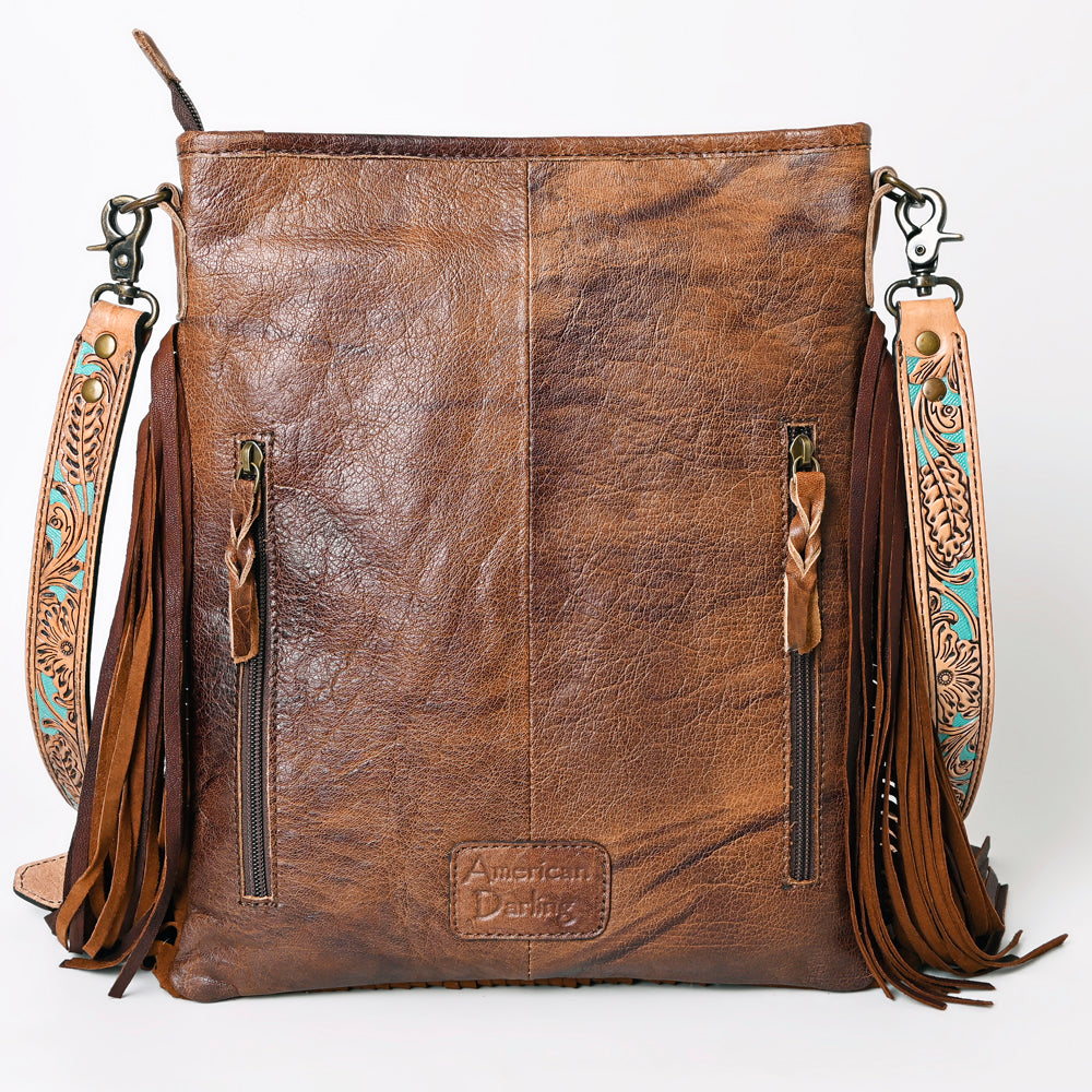 ADBG256 Tooled Leather & Cowhide Fringe Messenger Bag Western Boho Messenger by American Darling