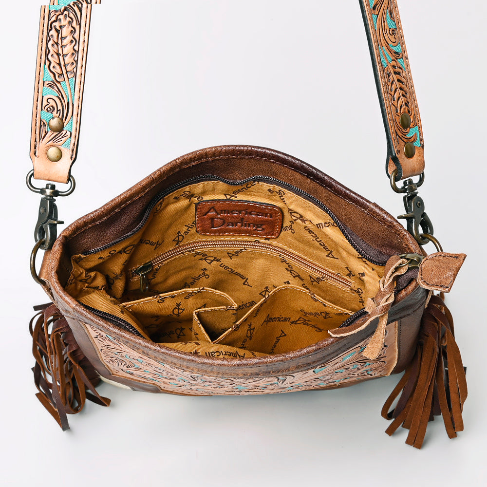 ADBG256 Tooled Leather & Cowhide Fringe Messenger Bag Western Boho Messenger by American Darling