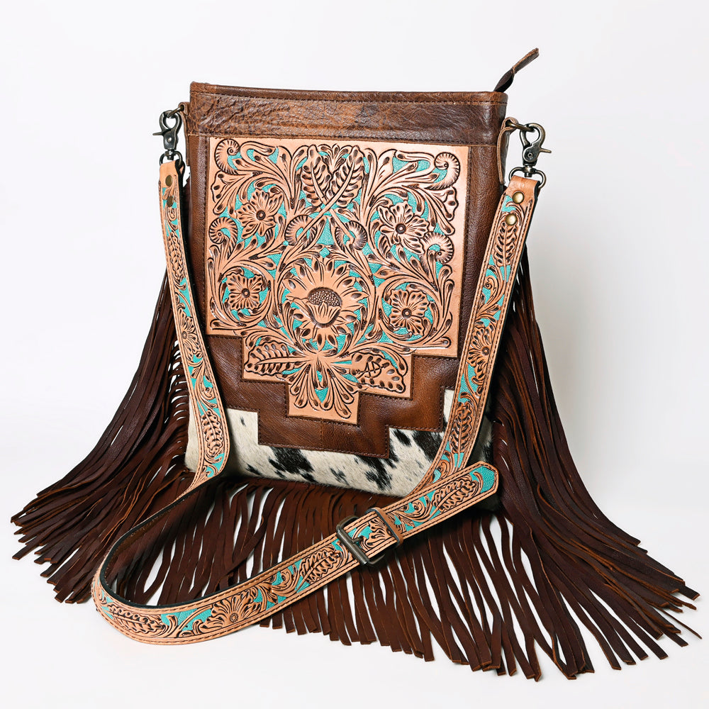 ADBG256 Tooled Leather & Cowhide Fringe Messenger Bag Western Boho Messenger by American Darling