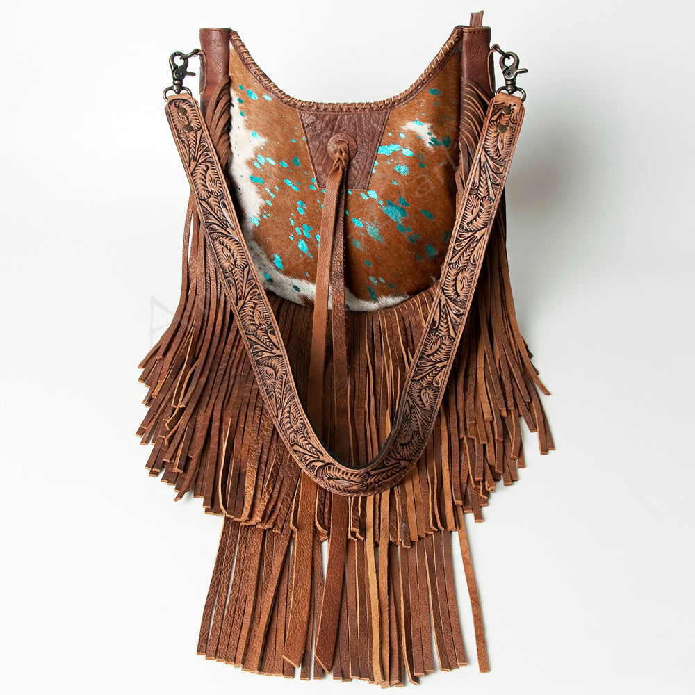 ADBG351 Hair-On Cowhide Hobo Bag with Fringe Tooled Leather Western Shoulder Bag
