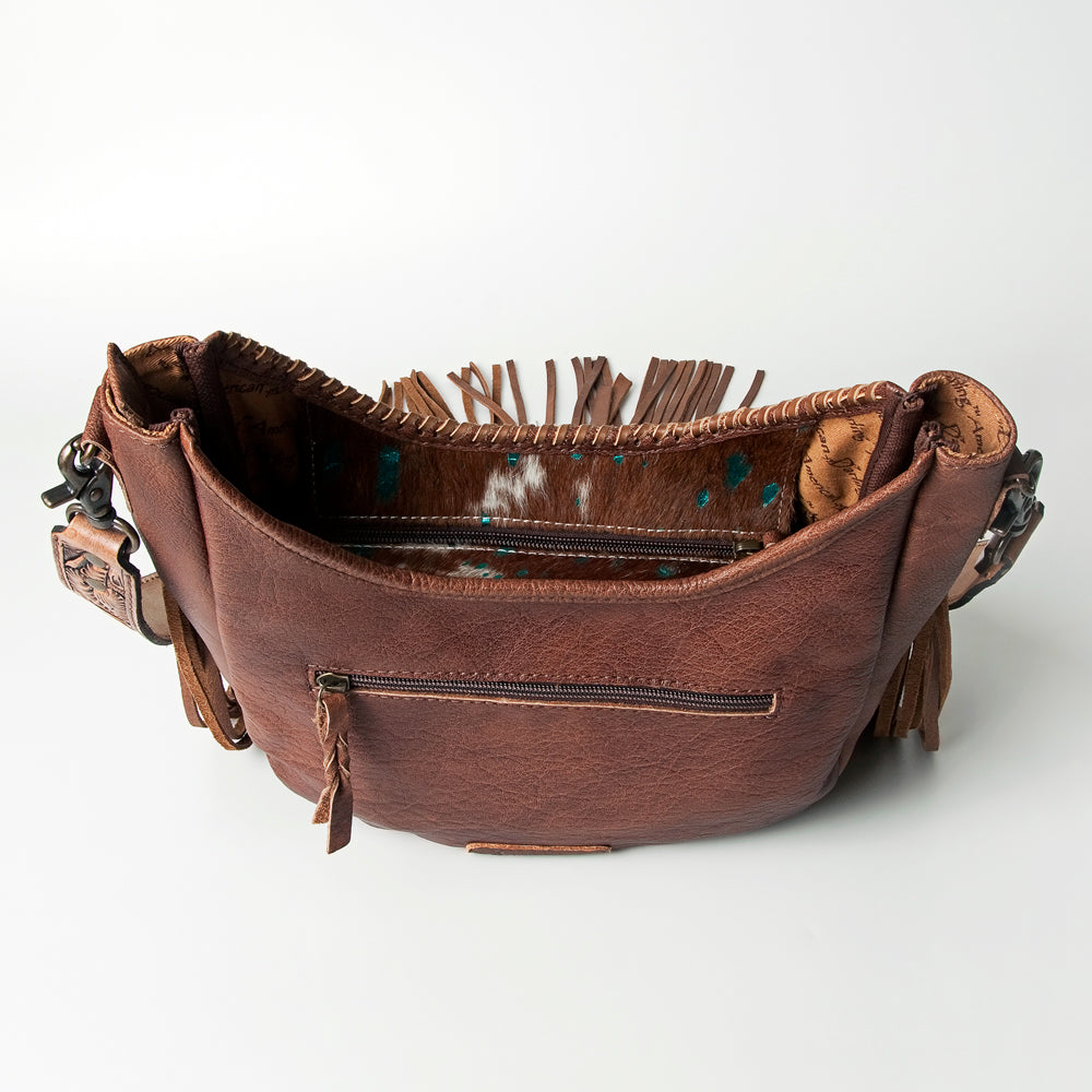 ADBG351 Hair-On Cowhide Hobo Bag with Fringe Tooled Leather Western Shoulder Bag