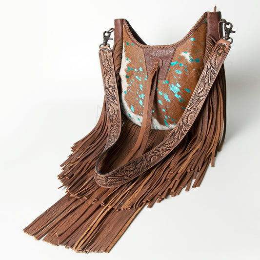 ADBG351 Hair-On Cowhide Hobo Bag with Fringe Tooled Leather Western Shoulder Bag