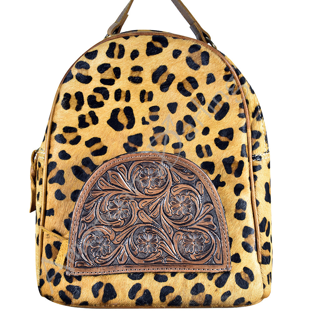 ADBGS156 Printed Cowhide Leather Backpack with Tooled Floral Pocket - Western Wild Style