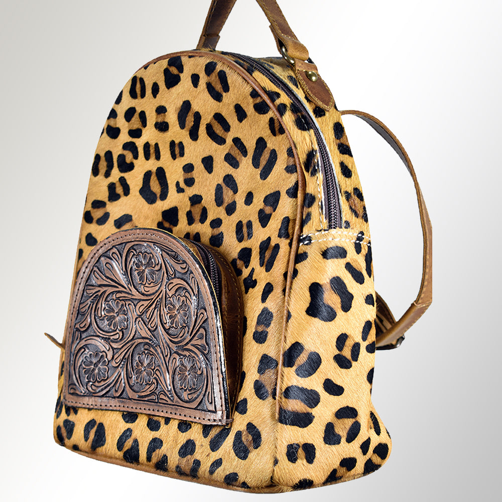 ADBGS156 Printed Cowhide Leather Backpack with Tooled Floral Pocket - Western Wild Style