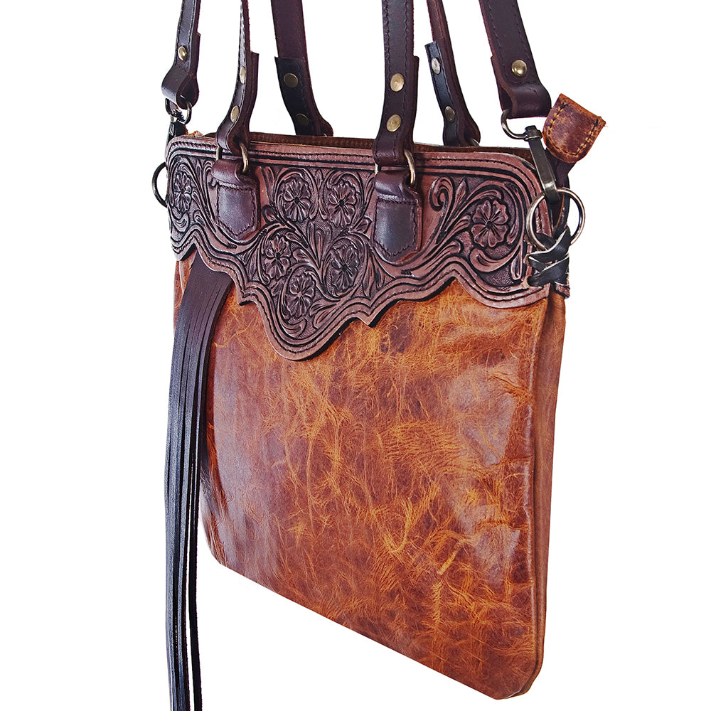 ADBG357 American Darling Hand Tooled Leather Small Cross body Bag with Western Fringes