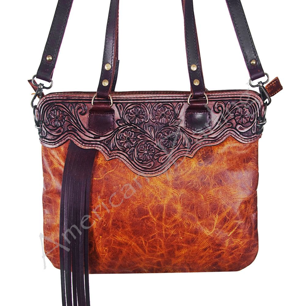 ADBG357 American Darling Hand Tooled Leather Small Cross body Bag with Western Fringes