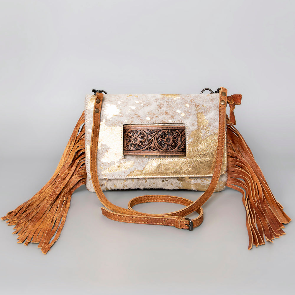 ADBG360 Hair-On Cowhide Crossbody Bag with Fringe and Tooled Leather Flap - Handmade Western Purse