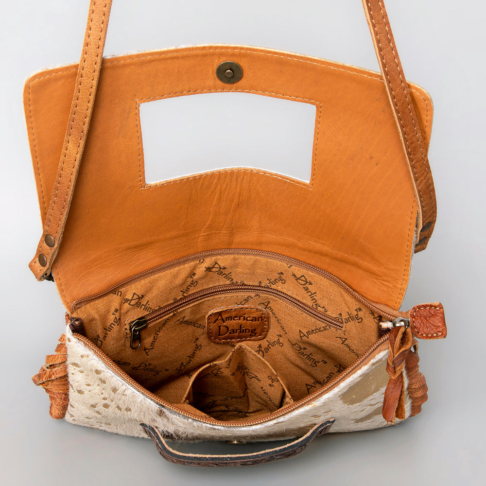 ADBG360 Hair-On Cowhide Crossbody Bag with Fringe and Tooled Leather Flap - Handmade Western Purse