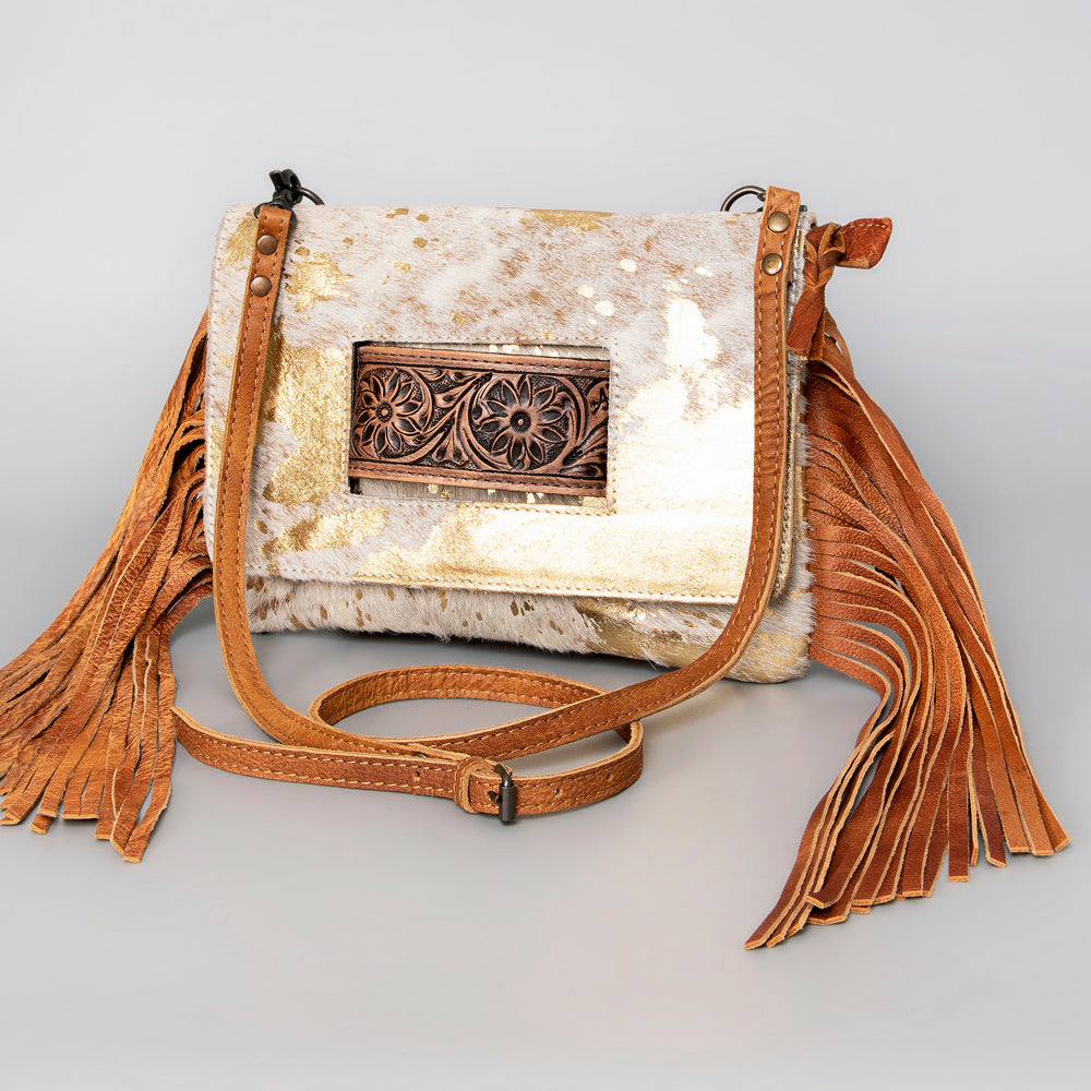 ADBG360 Hair-On Cowhide Crossbody Bag with Fringe and Tooled Leather Flap - Handmade Western Purse