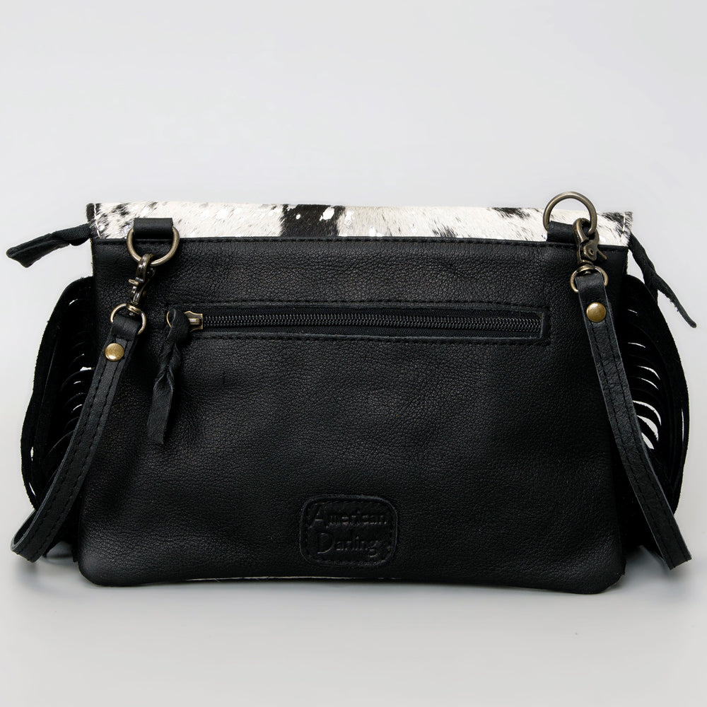 ADBG360 Hair-On Cowhide Crossbody Bag with Fringe and Tooled Leather Flap - Handmade Western Purse