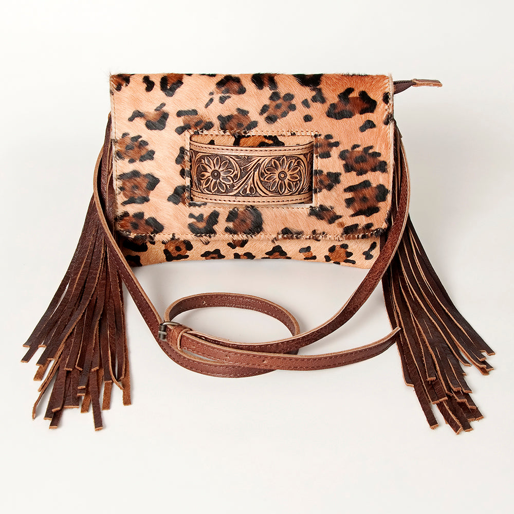 ADBG360 Hair-On Leather Crossbody with Tooled Patch & Fringe Western Shoulder Bag