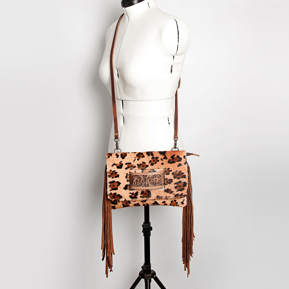 ADBG360 Hair-On Leather Crossbody with Tooled Patch & Fringe Western Shoulder Bag