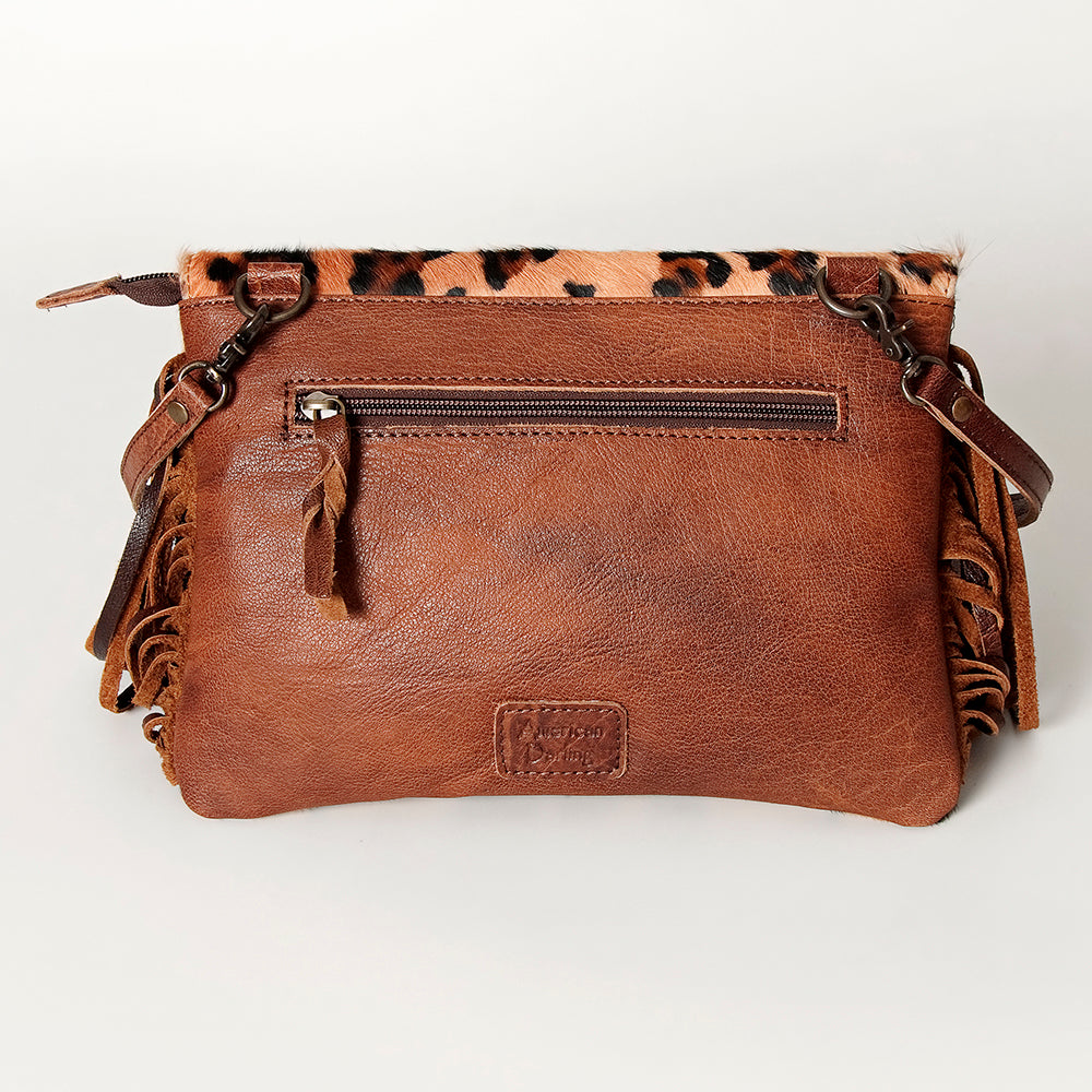 ADBG360 Hair-On Leather Crossbody with Tooled Patch & Fringe Western Shoulder Bag