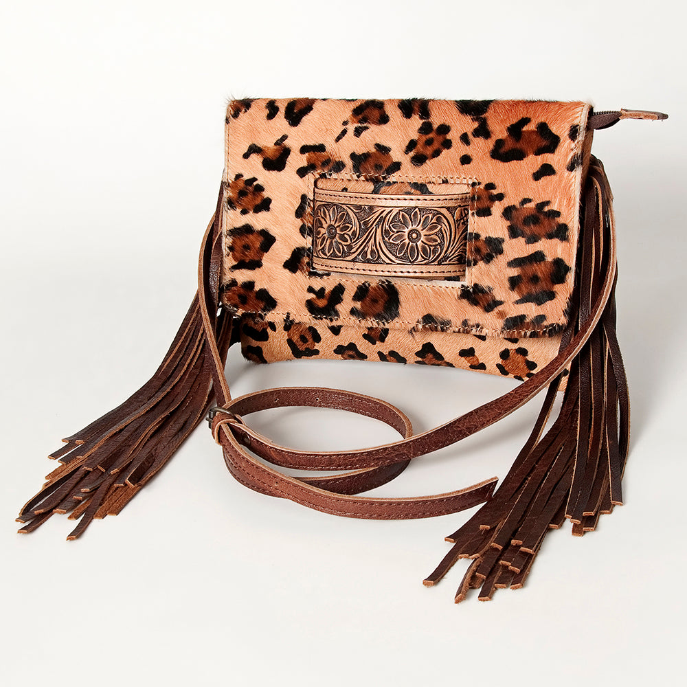 ADBG360 Hair-On Leather Crossbody with Tooled Patch & Fringe Western Shoulder Bag