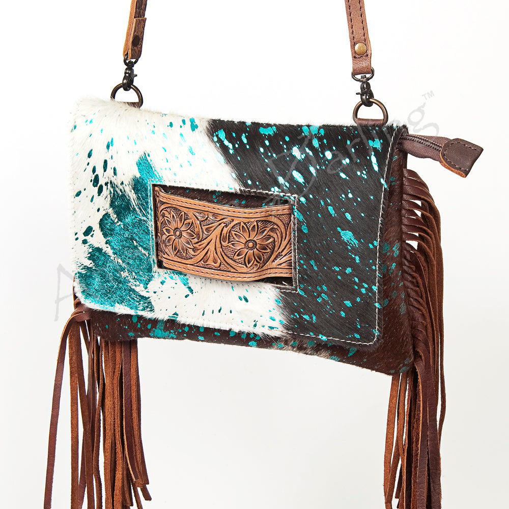 ADBG360 Hair-On Cowhide Crossbody Bag with Fringe and Tooled Leather Flap - Handmade Western Purse