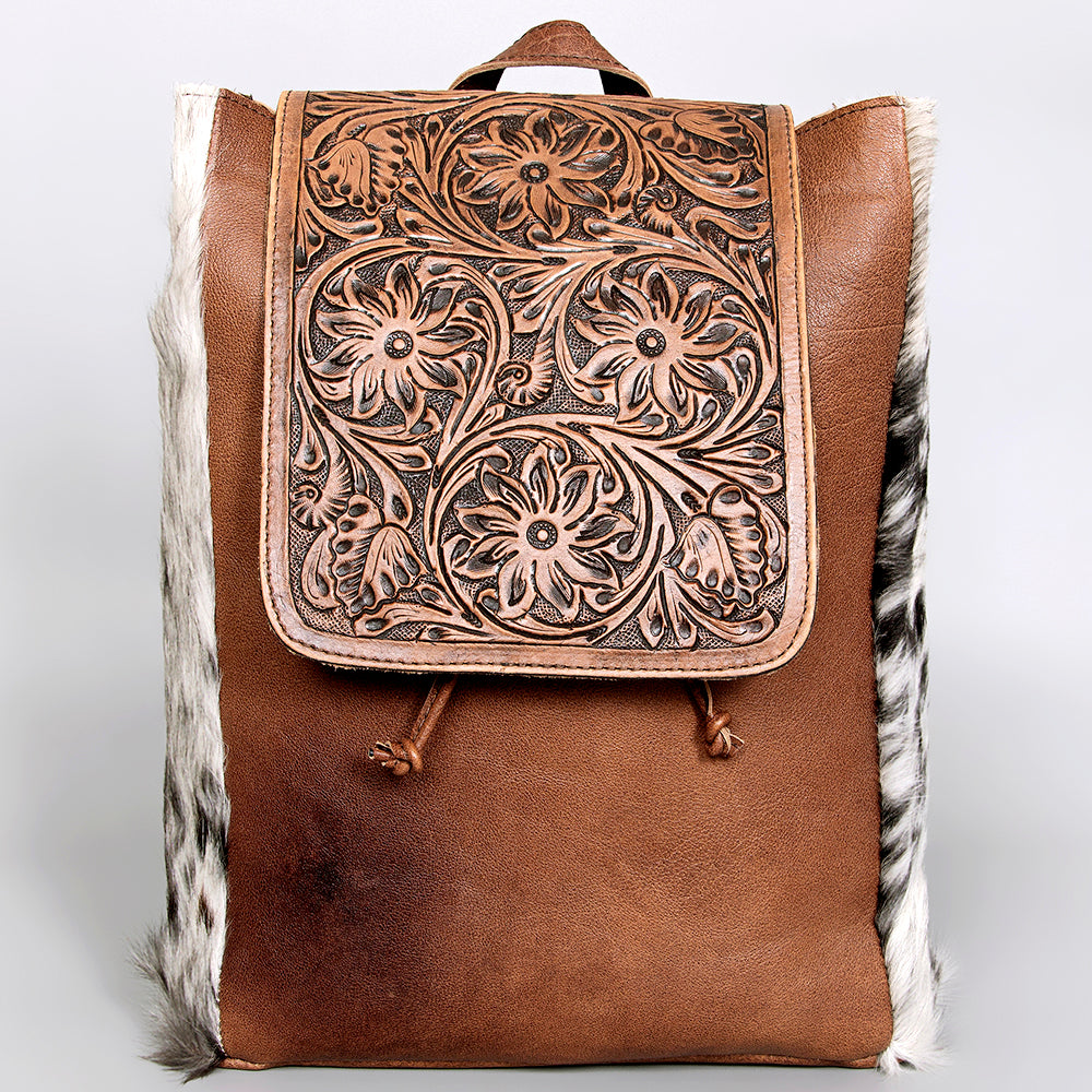 ADBG363 Tooled Leather Cowhide Backpack with Floral Flap & Hair-On Sides