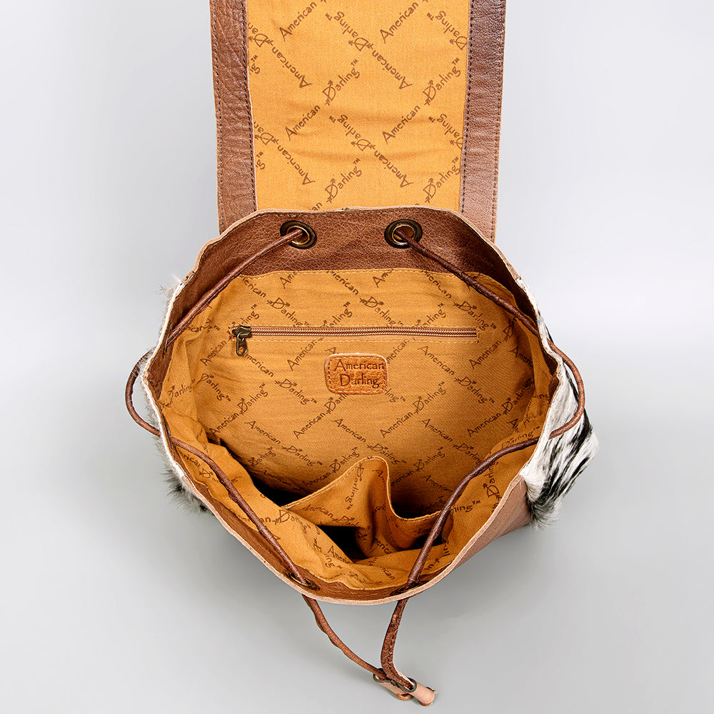 ADBG363 Tooled Leather Cowhide Backpack with Floral Flap & Hair-On Sides