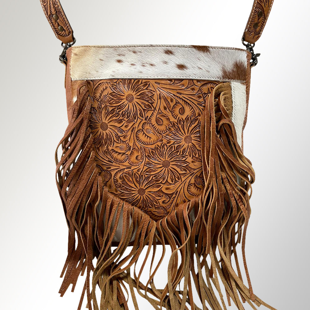 ADBG380 Tooled Leather Cowhide Messenger Bag with Floral Design & Fringe