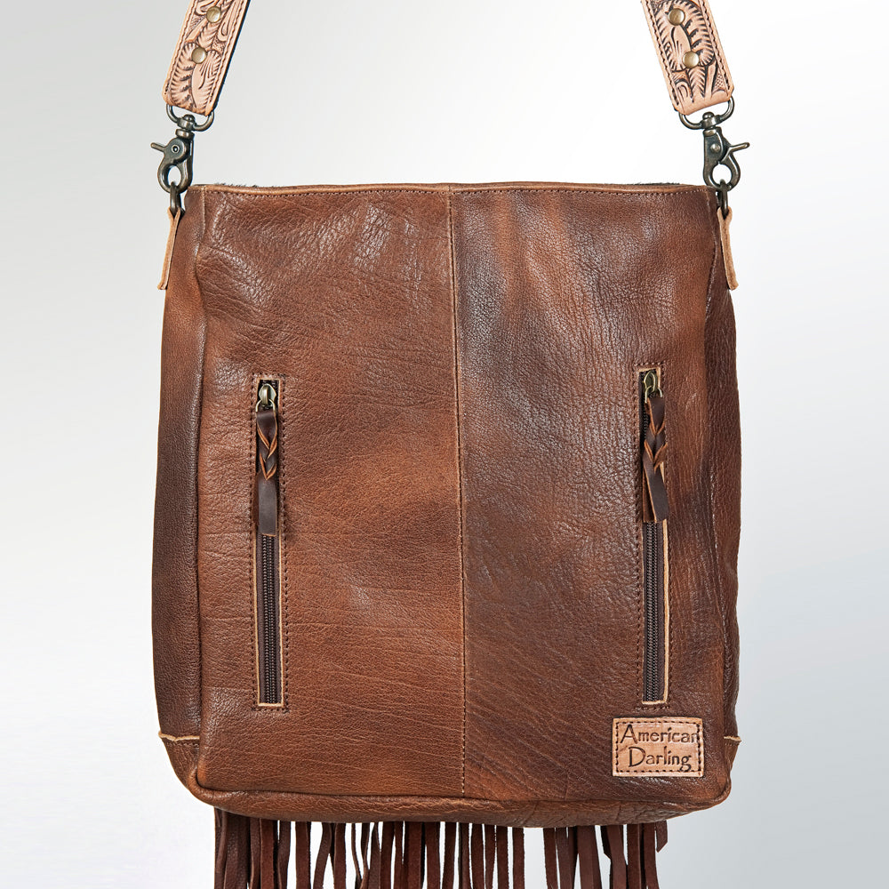 ADBG380 Tooled Leather Cowhide Messenger Bag with Floral Design & Fringe