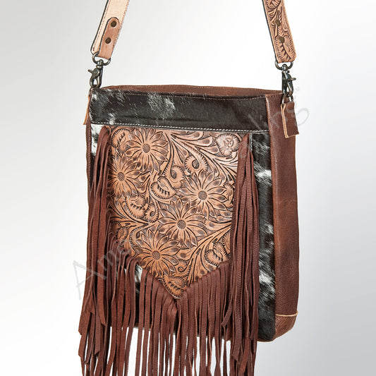 ADBG380 Tooled Leather Cowhide Messenger Bag with Floral Design & Fringe