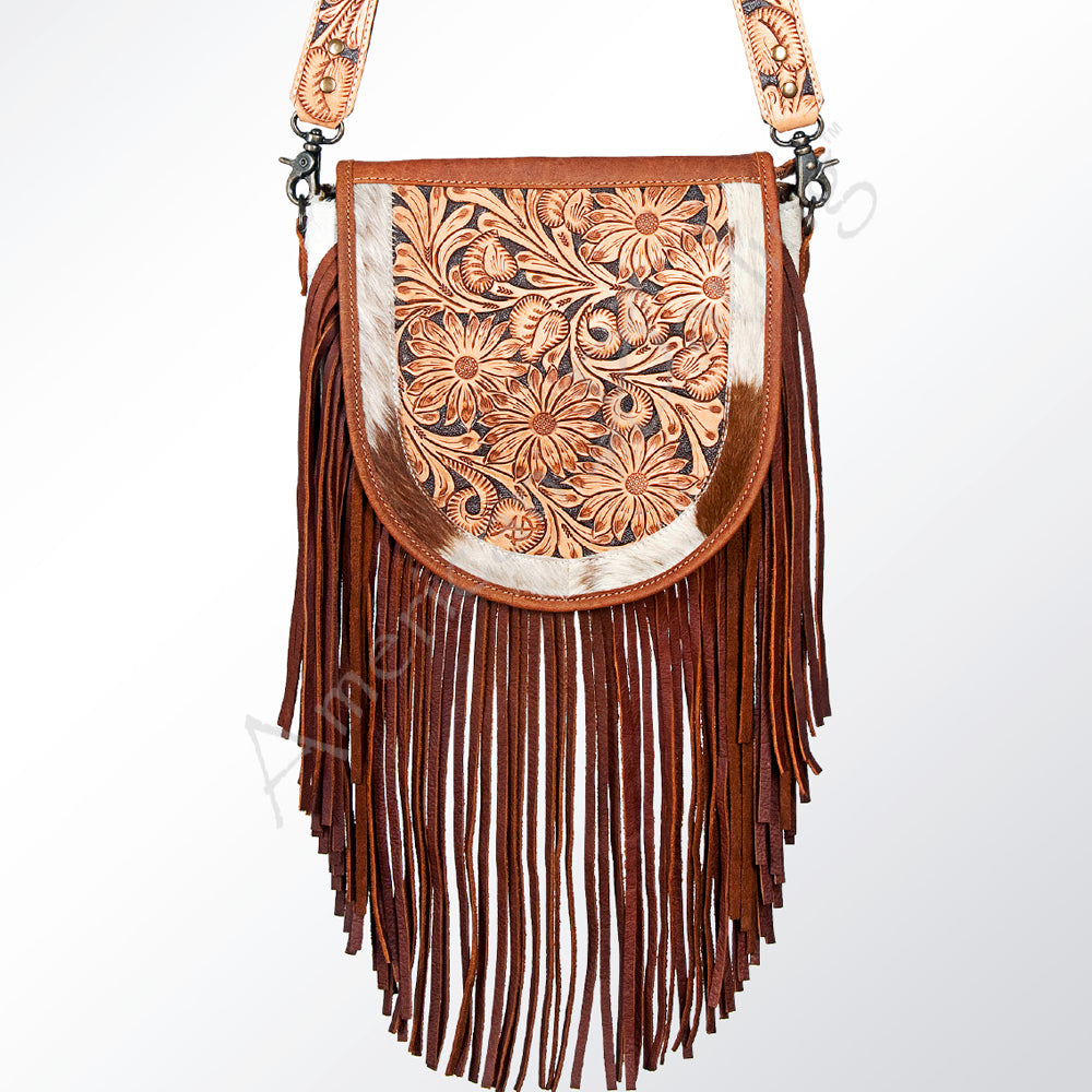 ADBG381 Floral Tooled Leather & Cowhide Messenger Bag with Fringe and Wide Strap