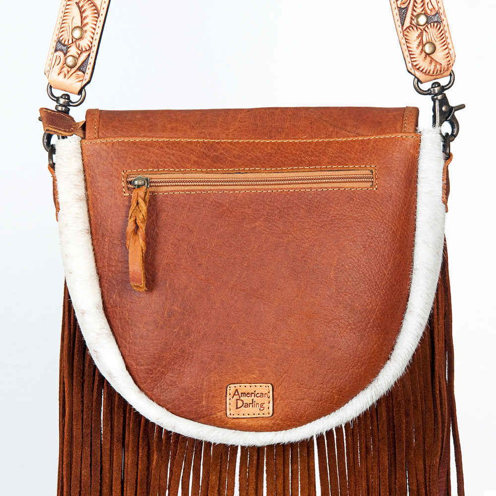 ADBG381 Floral Tooled Leather & Cowhide Messenger Bag with Fringe and Wide Strap
