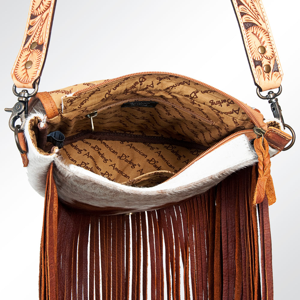 ADBG381 Floral Tooled Leather & Cowhide Messenger Bag with Fringe and Wide Strap