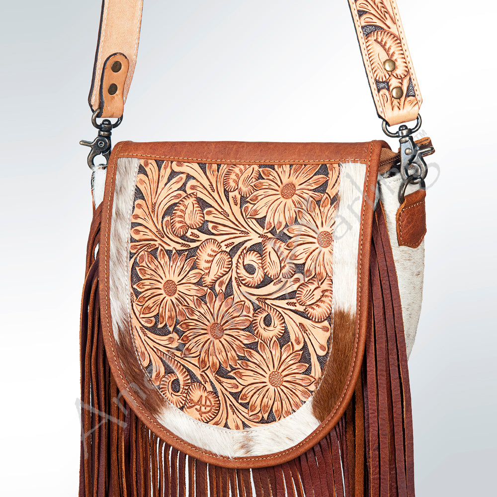 ADBG381 Floral Tooled Leather & Cowhide Messenger Bag with Fringe and Wide Strap