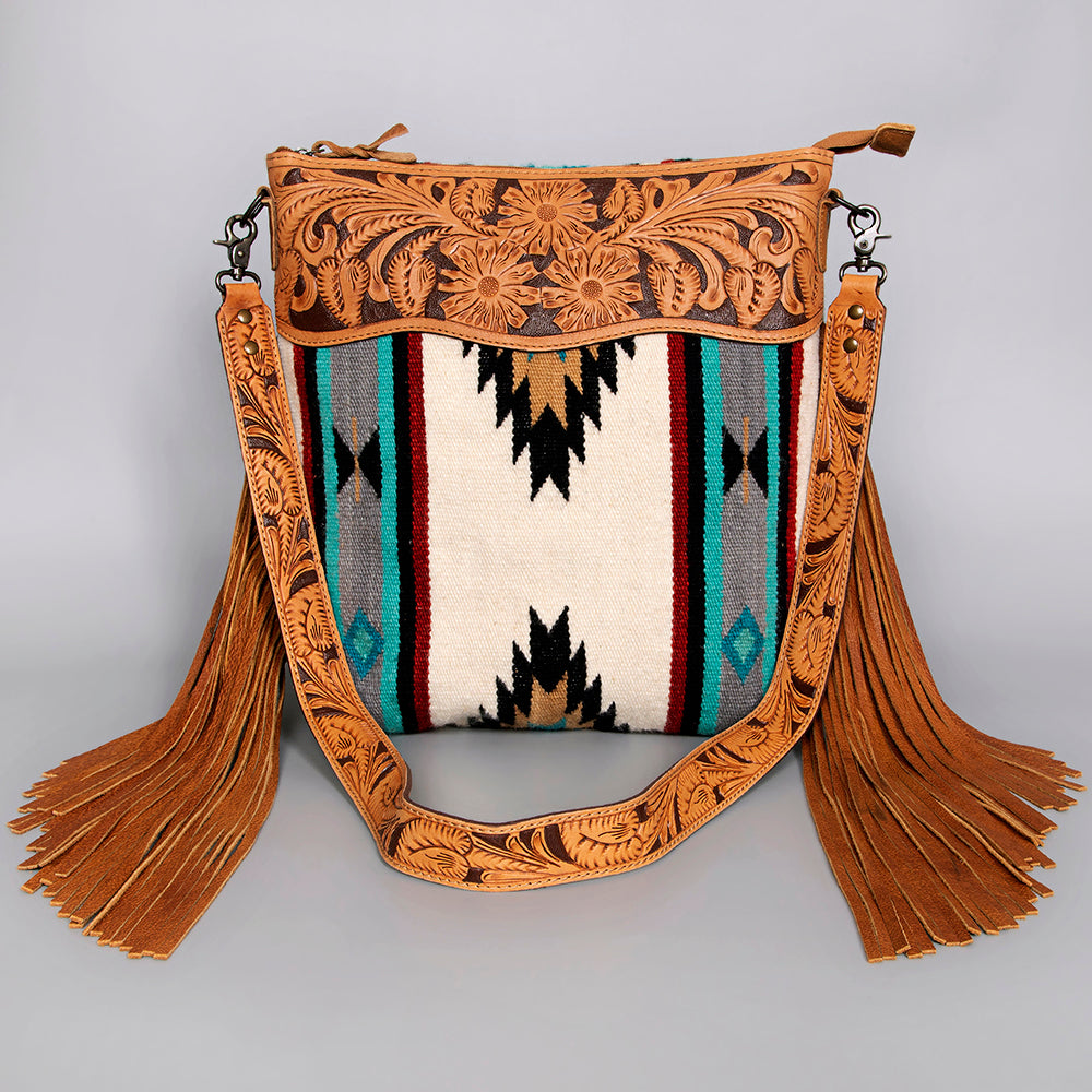 ADBG210 American Darling Large Cross body Bag - Hand Tooled Leather & Woven Saddle Blanket with Fringes