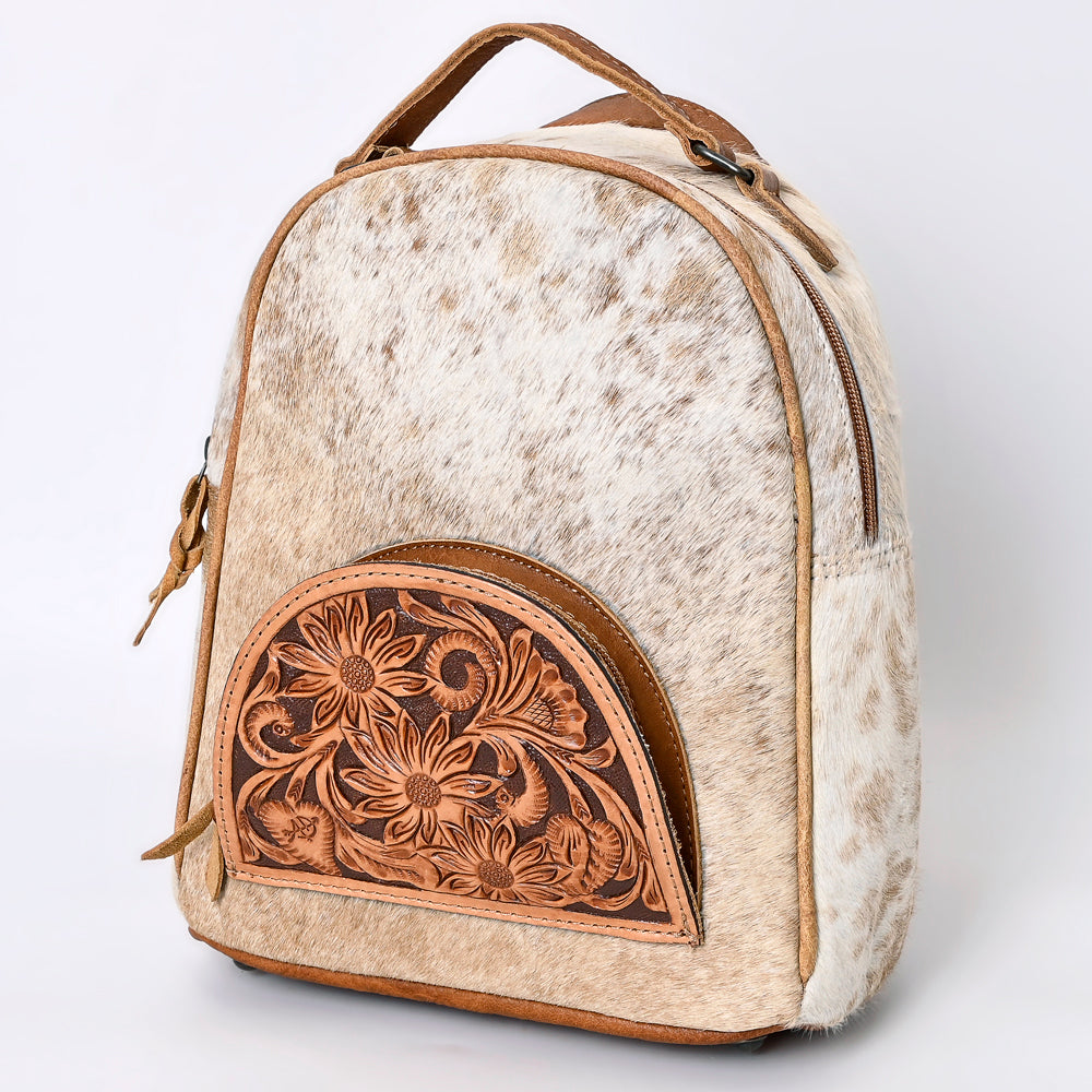 ADBGS156 Natural Cowhide Leather Backpack with Hand-Tooled Floral Pocket - Western Style