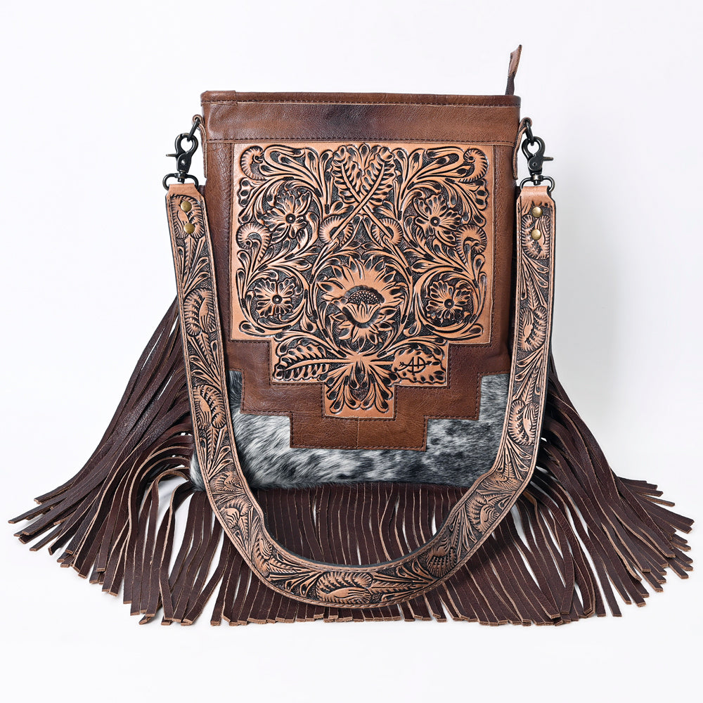 ADBG256 Tooled Leather & Cowhide Fringe Messenger Bag Western Boho Messenger by American Darling