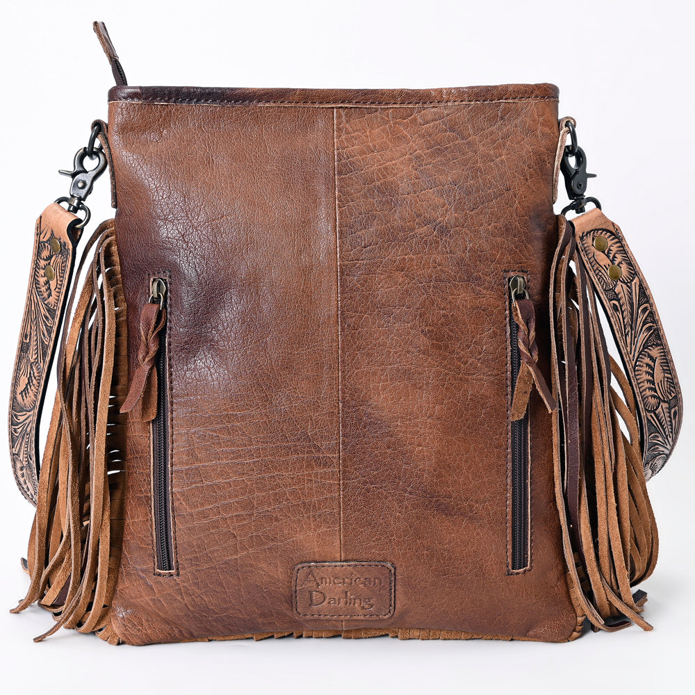 ADBG256 Tooled Leather & Cowhide Fringe Messenger Bag Western Boho Messenger by American Darling