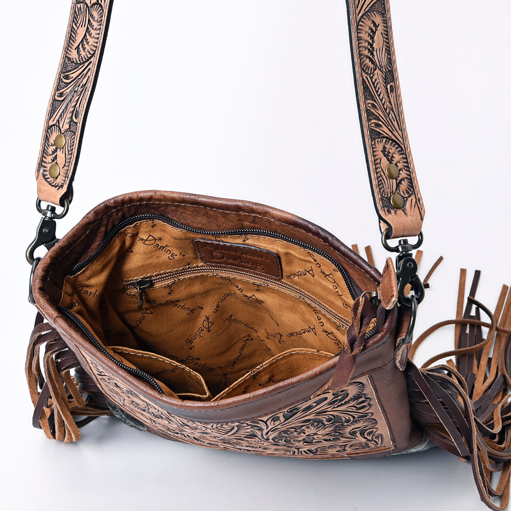 ADBG256 Tooled Leather & Cowhide Fringe Messenger Bag Western Boho Messenger by American Darling