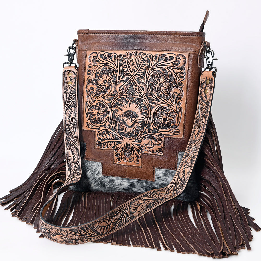 ADBG256 Tooled Leather & Cowhide Fringe Messenger Bag Western Boho Messenger by American Darling