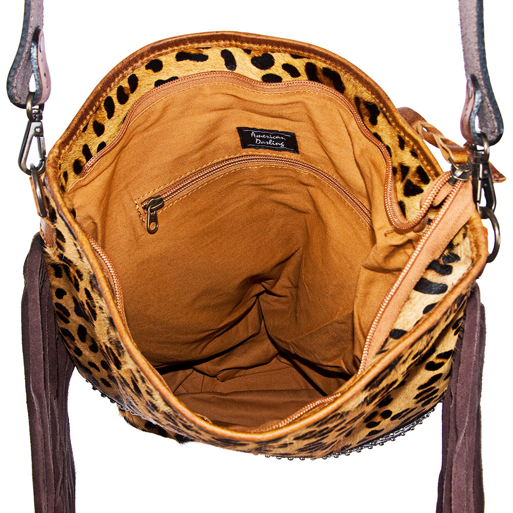 ADBG356 American Darling Large Cross body Bag Hand Tooled Leather Hair-On Cowhide Purse