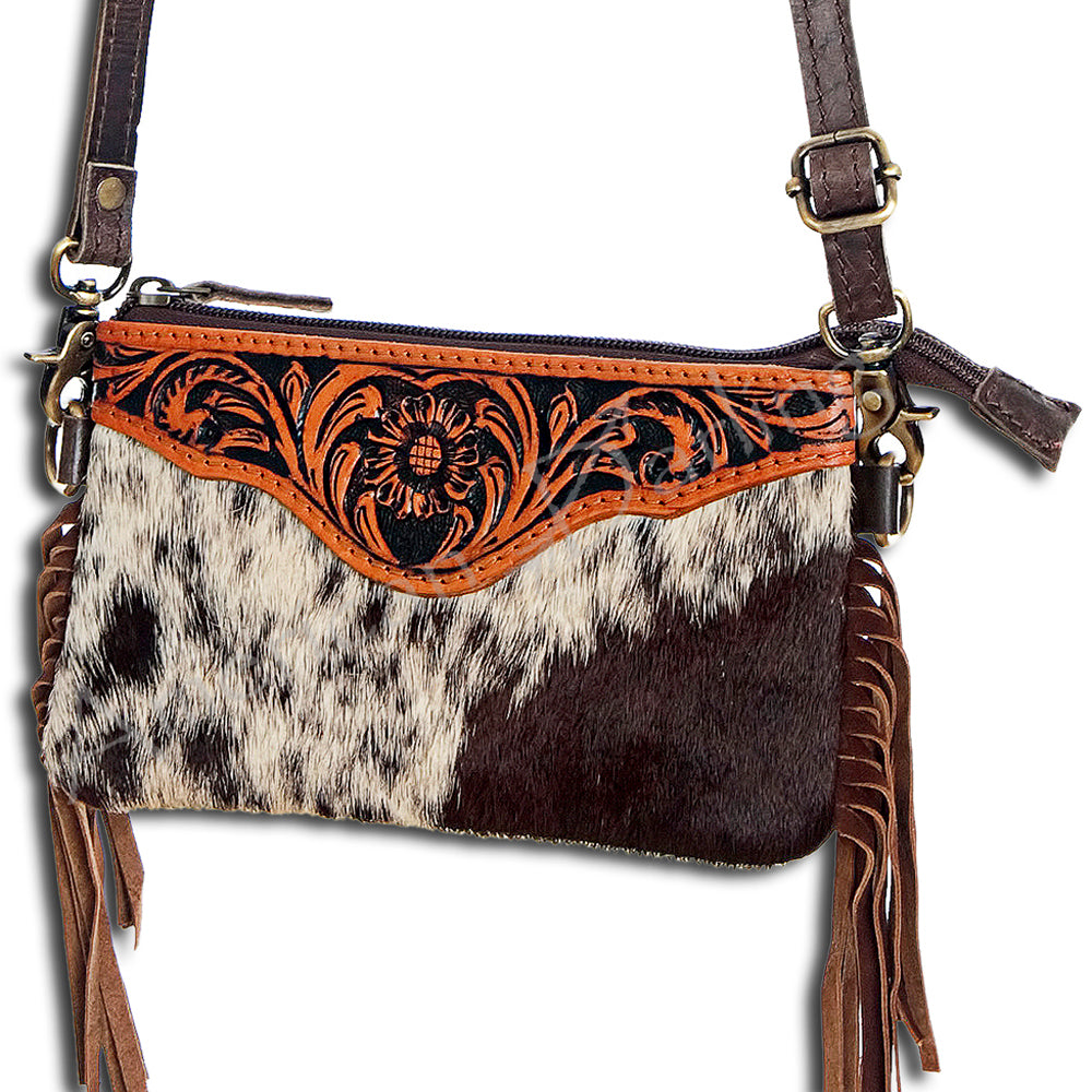 ADBG404 Cowhide Crossbody Bag with Tooled Leather Floral Yoke & Fringe