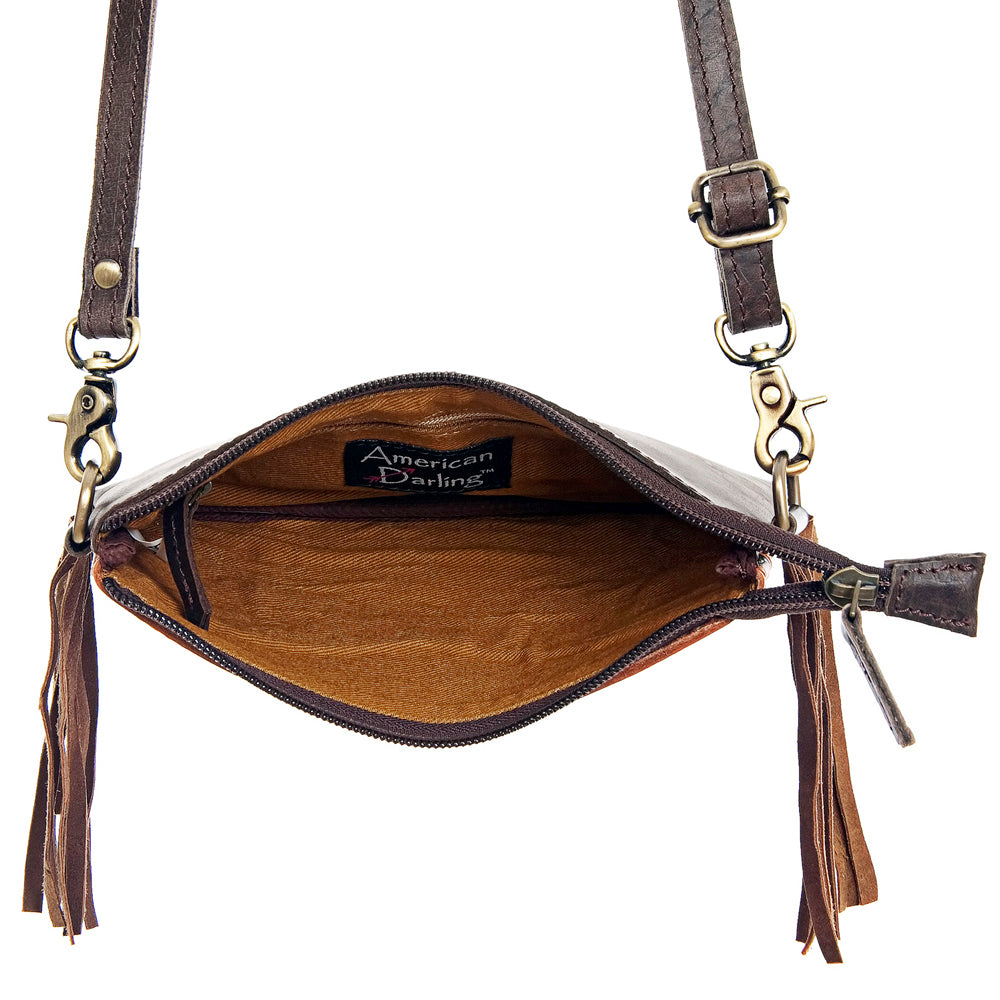ADBG404 Cowhide Crossbody Bag with Tooled Leather Floral Yoke & Fringe