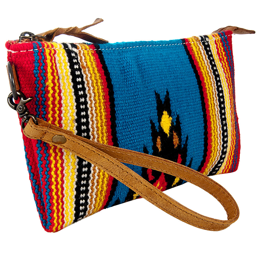 ADBG344 Southwestern Wool Wristlet Handwoven Blanket Clutch with Leather Strap