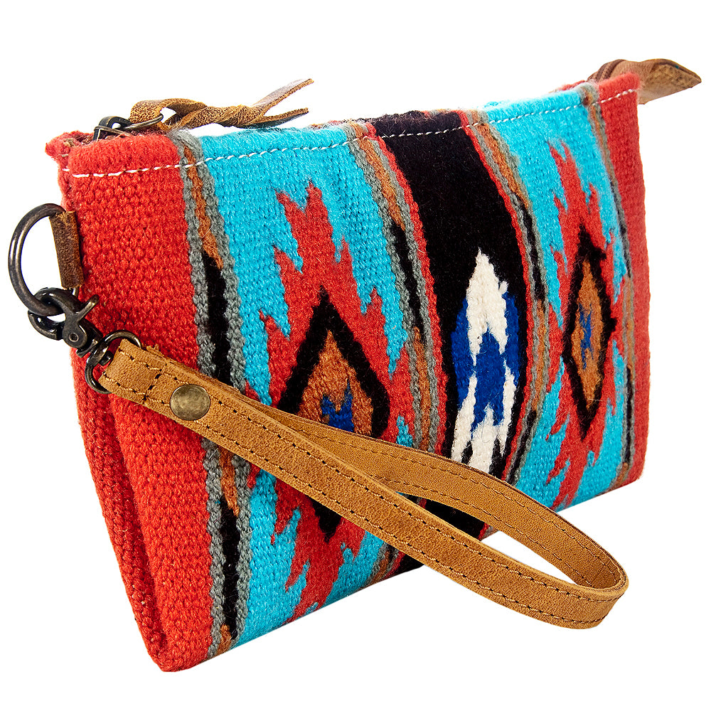 ADBG344 Southwestern Wool Wristlet Handwoven Blanket Clutch with Leather Strap