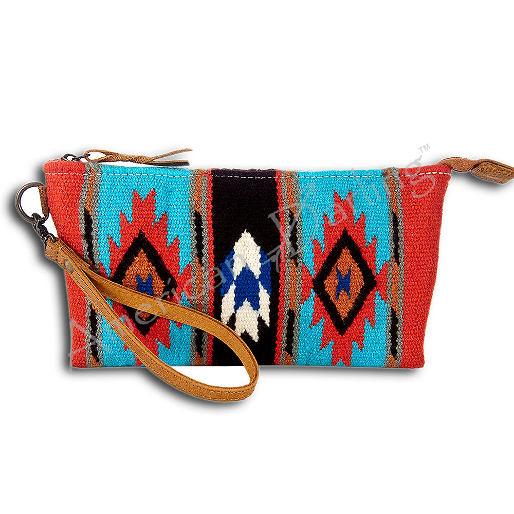 ADBG344 Southwestern Wool Wristlet Handwoven Blanket Clutch with Leather Strap