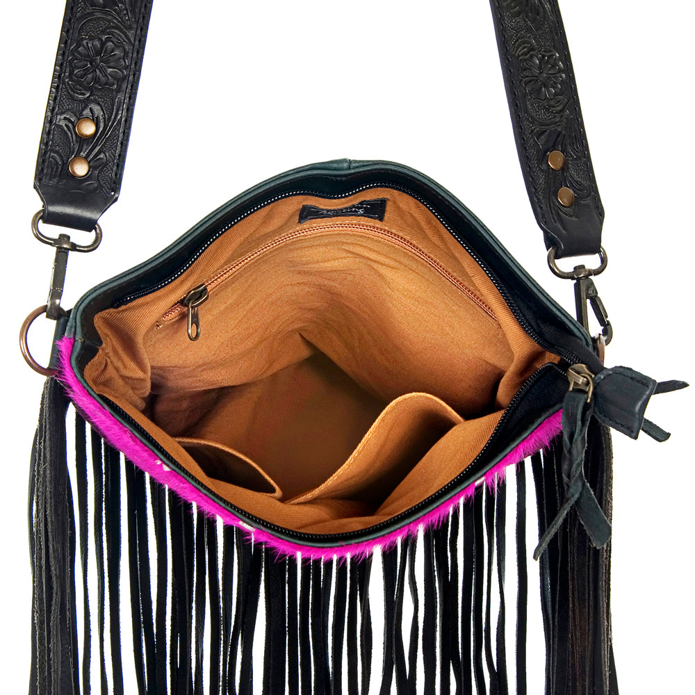ADBGS192 Splatter Cowhide Large Crossbody Bag with Fringe & Tooled Leather Strap
