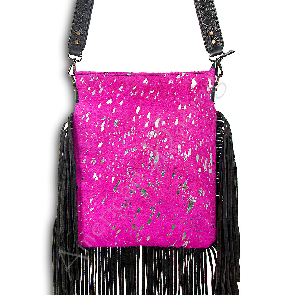 ADBGS192 Splatter Cowhide Large Crossbody Bag with Fringe & Tooled Leather Strap