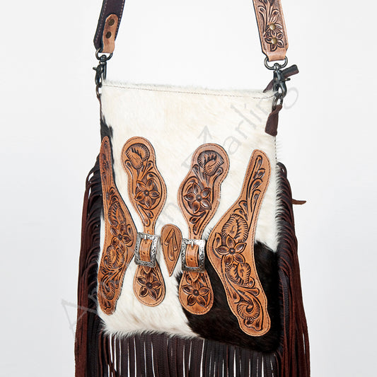 LC-ADBG393 White & Black Cowhide Crossbody Bag with Tooled Leather Saddle Flap Accents and Fringe