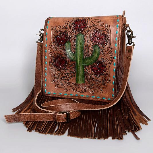LC-ADBG396 Hand-Tooled Leather Fringe Messenger Bag with Cactus & Floral Design