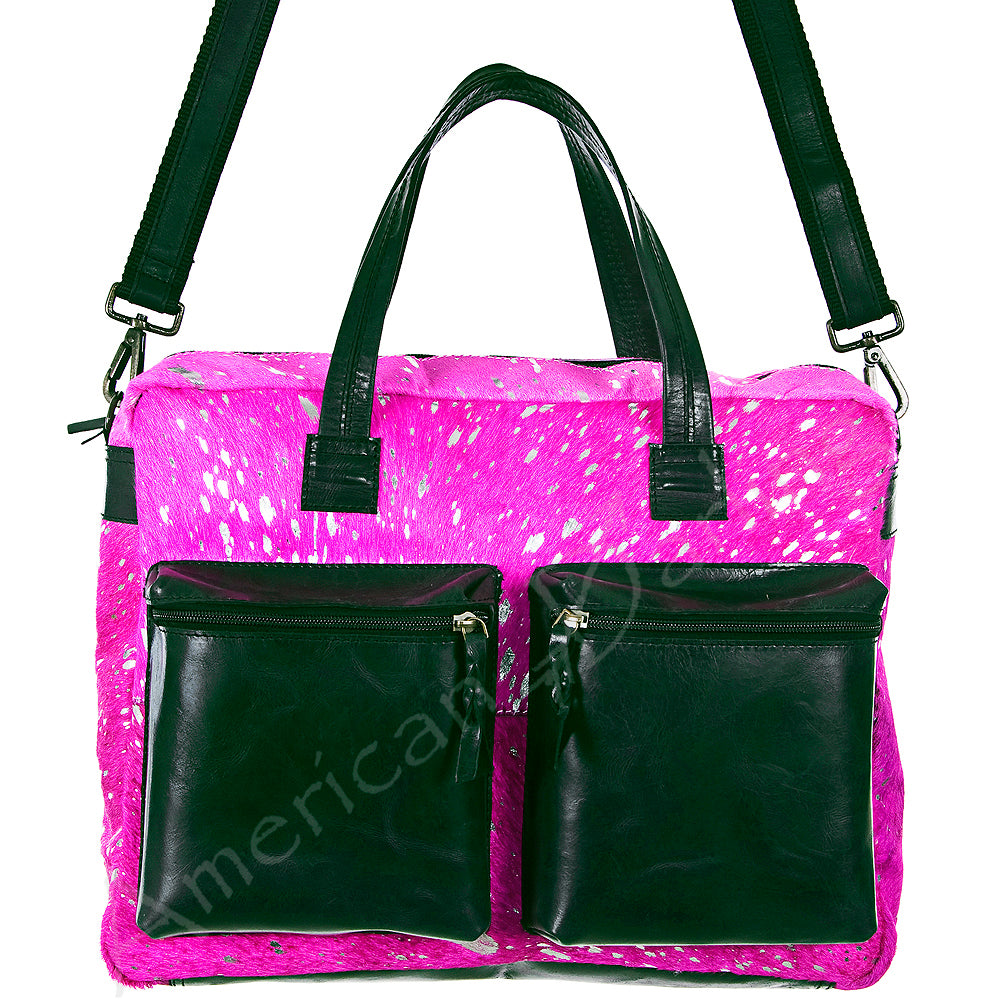 ADBG264 Hair-On Cowhide Tote Bag with Dual Front Pockets - Handmade Genuine Leather Western Bag