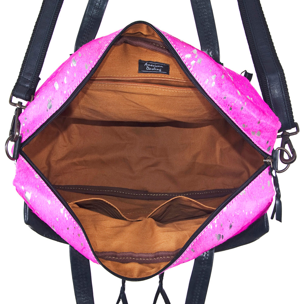 ADBG264 Hair-On Cowhide Tote Bag with Dual Front Pockets - Handmade Genuine Leather Western Bag