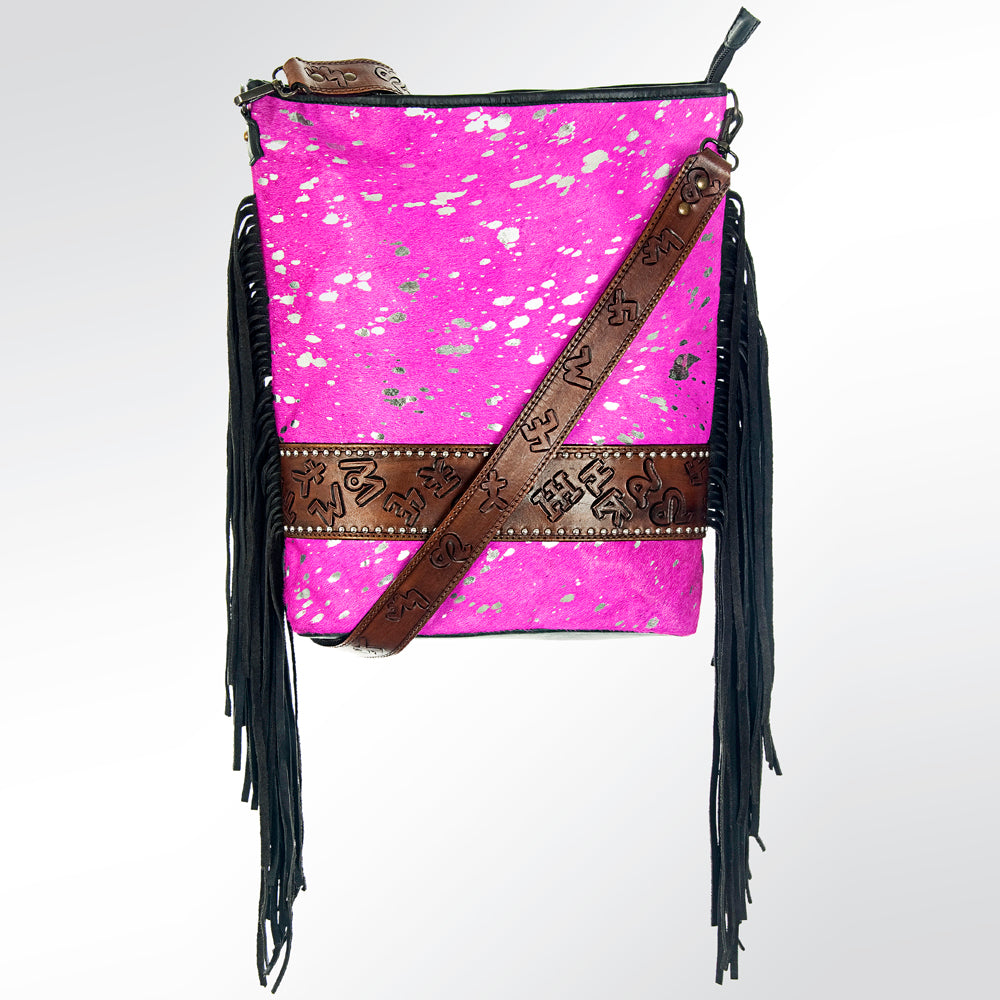 ADBG316 Hair-On Cowhide & Tooled Leather Western Large Crossbody Bag Fringe Crossbody