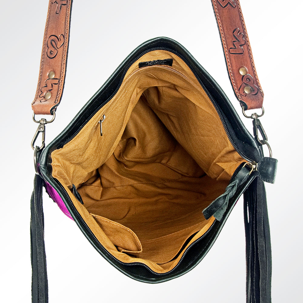 ADBG316 Hair-On Cowhide & Tooled Leather Western Large Crossbody Bag Fringe Crossbody